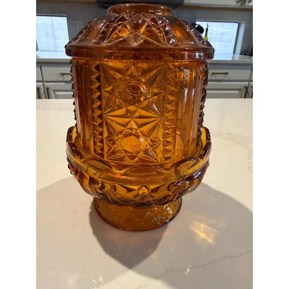 VTG Indiana Glass Amber Fairy Lamp Stars & Bars Mid Century Candle Holder